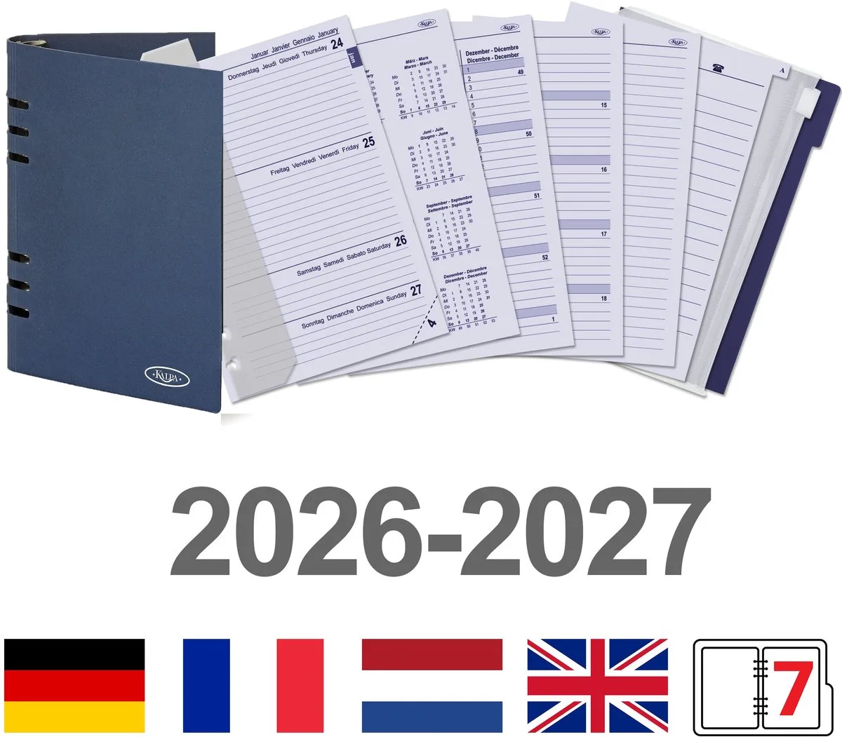 Kalpa 6406-26-27 210 x 144 mm A5 Bindmiddel Vulling 1 Week per 2 Paginas EN DE FR NL (een beetje roest op de ringband!) + opbergmap 2026 2027 fra Kalpa i Hvid – produktbillede