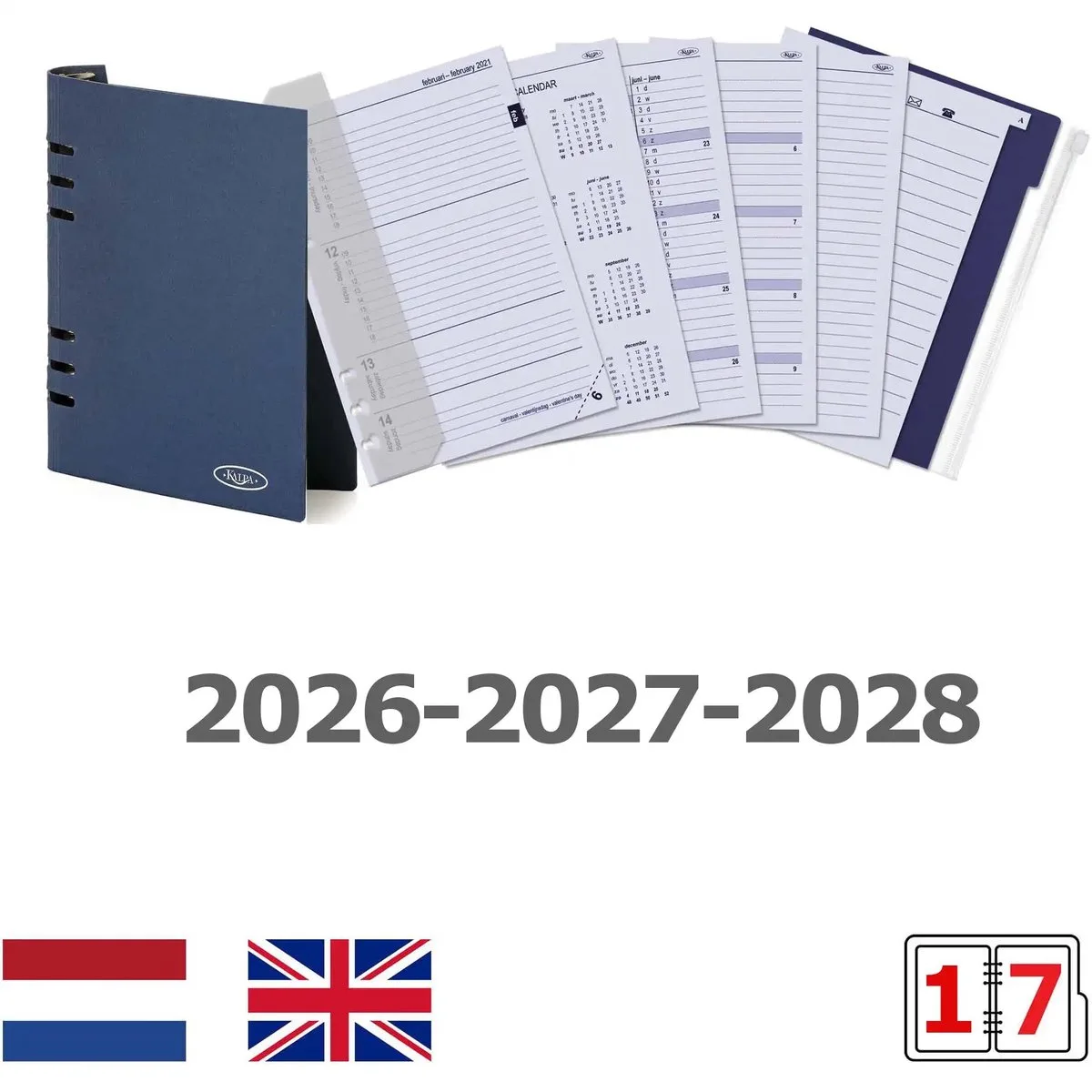 Kalpa 6406-26-27-28 210 x 144 mm A5 Bindmiddel Vulling 1 Week per 2 Paginas EN DE FR NL (een beetje roest op de ringband!) + opbergmap 2026 2027 2028 fra Kalpa i Hvid – produktbillede