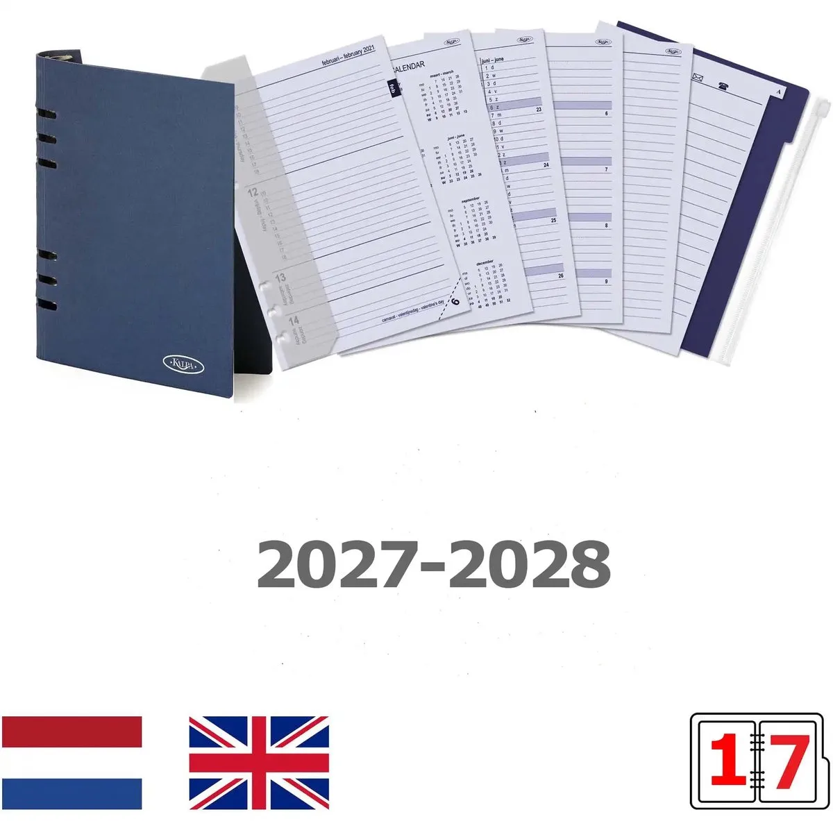 Kalpa 6406-27-28 210 x 144 mm A5 Bindmiddel Vulling 1 Week per 2 Paginas EN DE FR NL (een beetje roest op de ringband!) + opbergmap 2027 2028 van Kalpa in Wit – productfoto