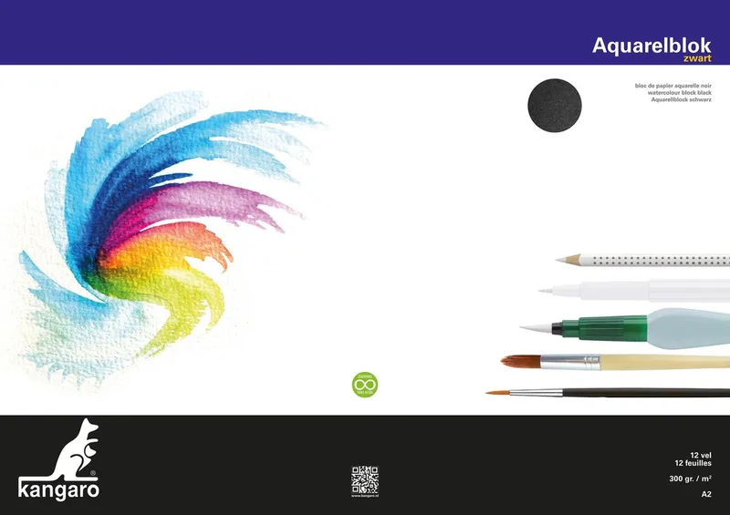 aquarelpapier - A2 - 300 grams - 12 vel - zuurvrij - aquarelblok - tekenblok van Kangaro in Zwart – productfoto