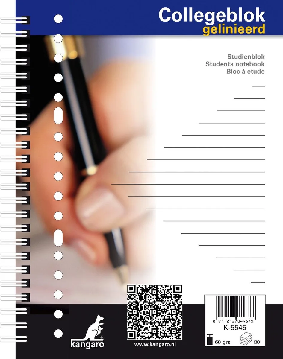 Collegeblok Kangaro A5 17-gaats 60grs 80 blad gelinieerd 5 stuks de Kangaro en Wit set 5stuks – photo produit