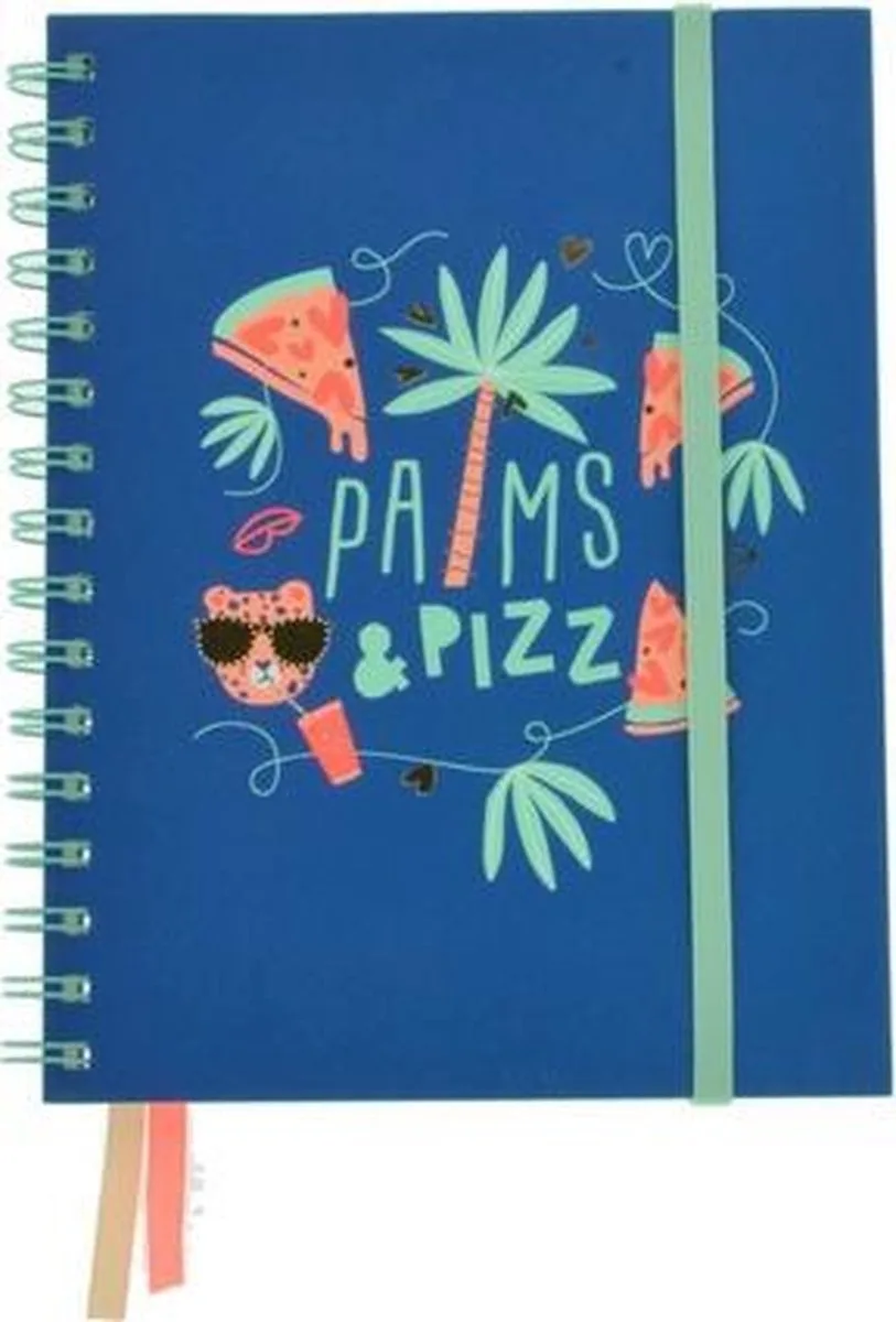 Collegeblok Palms&Pizza A5 70Grams 160 Vel. Met spiraal, gelinieerd papier, elastiek en lintjes. van Kangaro in Dessin – productfoto
