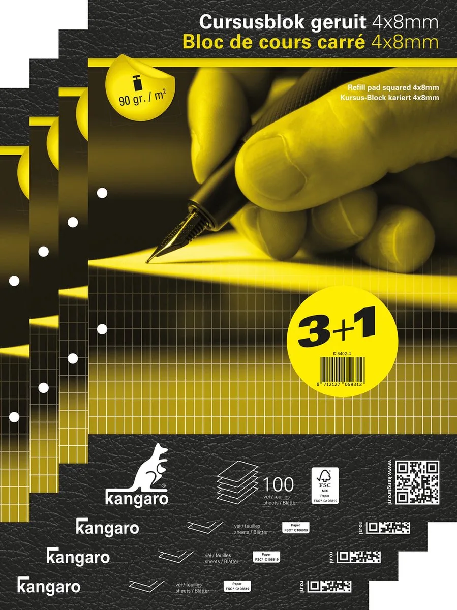 cursusblok - A4 - ruit - 4x8mm - 90 grams - 2-gaats von Kangaro in Weiß – Produktfoto