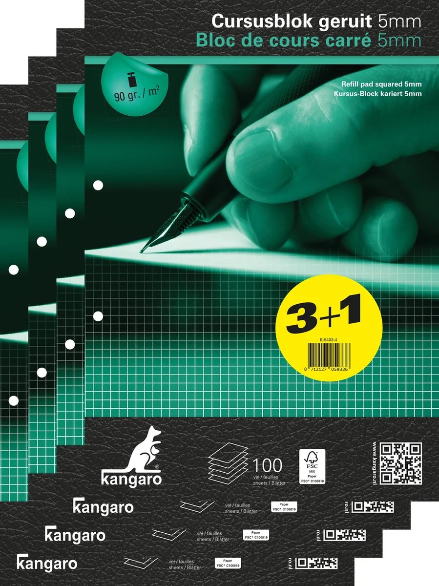 cursusblok - A4 - ruit - 5x5mm - 90 grams - 2-gaats von Kangaro in Weiß – Produktfoto