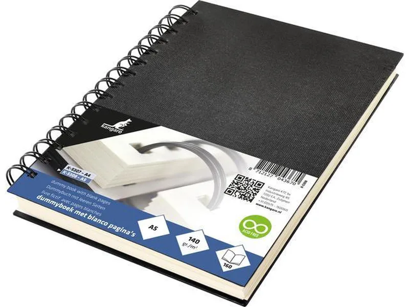 dummyboek - A5 - met spiraal - 160 blanco pagina's - 140 grams cream papier - linnen kaft van Kangaro in Zwart – productfoto
