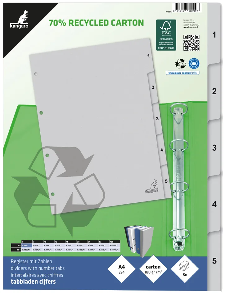 Karton-Register ECO, Zahlen 1-5, DIN A4, 5-teilig von Kangaro – Produktfoto