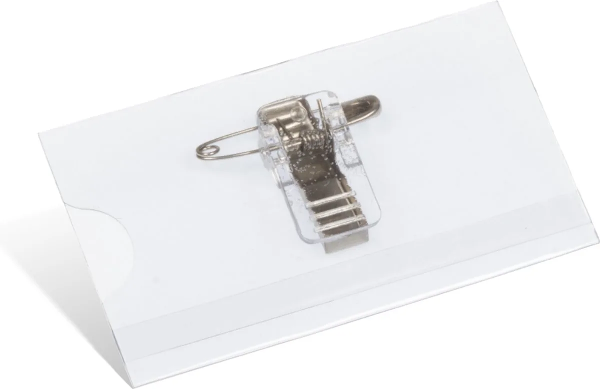 naambadge - 40x75mm - met clip, speld en insteekkaartjes wit - doos 24 stuks de Kangaro en Transparant 4x7.5 cm – photo produit