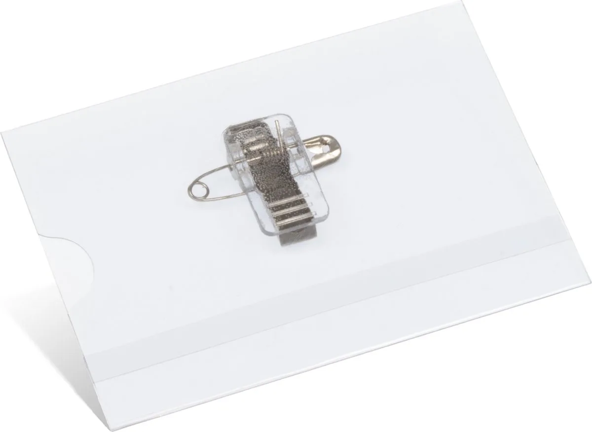 naambadge - 60x90mm - met clip, speld en insteekkaartjes wit - doos 24 stuks de Kangaro en Transparant 6x9 cm – photo produit