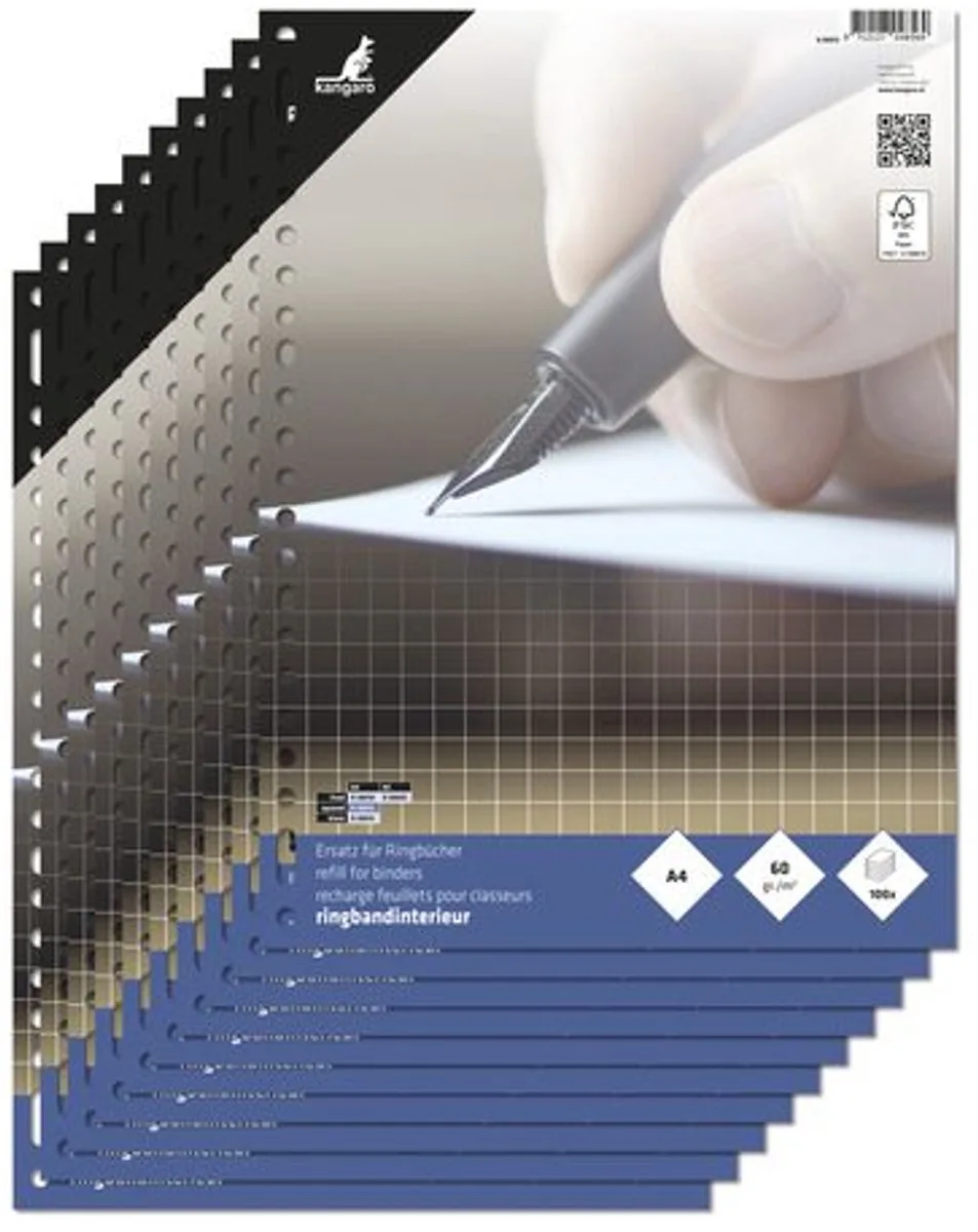 ringbandinterieur A4 - ruit 10mm - 60 grams - 23-gaats - 10 sets - ringbandpapier by Kangaro in White – product photo