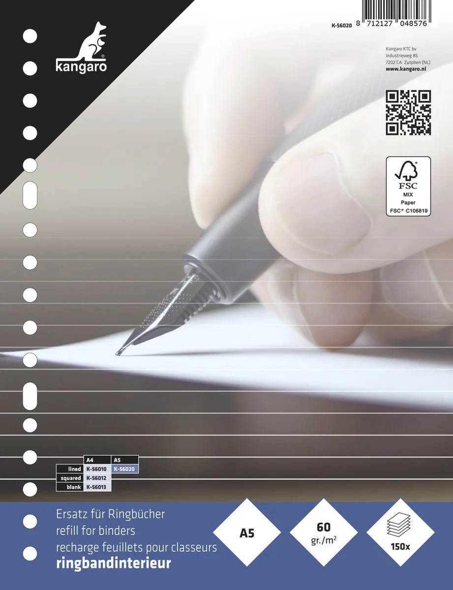 ringbandpapier A5 - 17-gaats - gelinieerd met kantlijn - 150 vel von Kangaro in Weiß – Produktfoto
