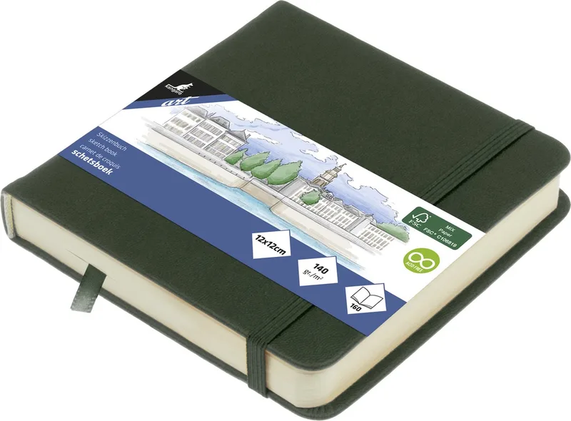 schetsboek - 12x12cm - forest green - PU-hardcover - met elastiek en leeslint de Kangaro en Forest Green 12x12 cm – photo produit