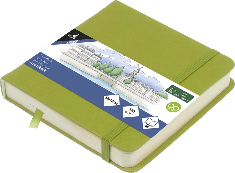schetsboek - 12x12cm - green - PU-hardcover - met elastiek en leeslint by Kangaro in Lime – product photo
