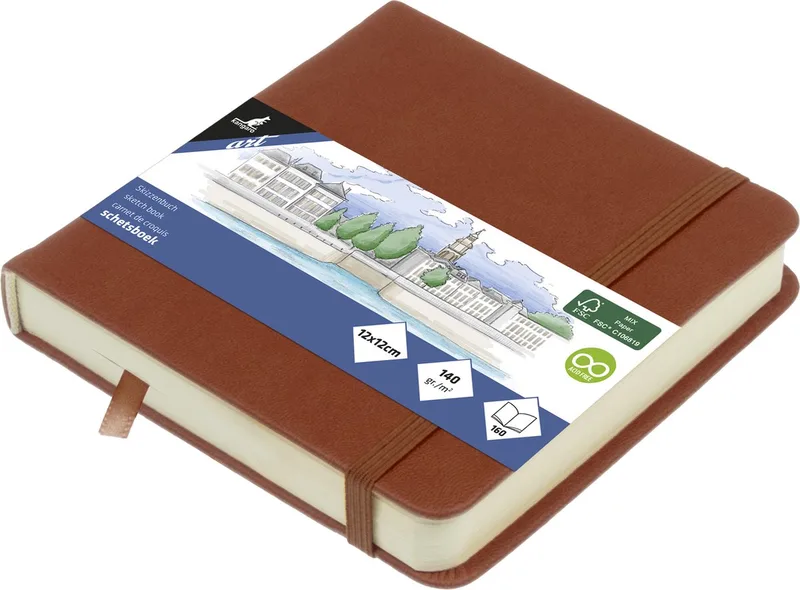 schetsboek - 12x12cm - PU-hardcover - met elastiek en leeslint by Kangaro in Cognac – product photo