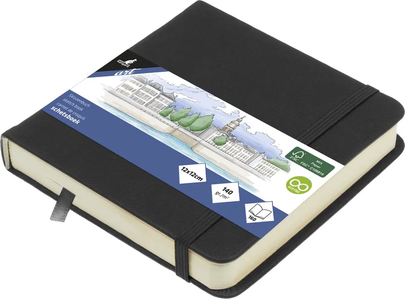 schetsboek - 12x12cm - PU hardcover - met elastiek en lint - 140g papier - 160 pagina's by Kangaro in Black – product photo