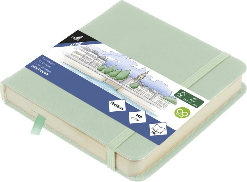 schetsboek - 12x12cm - PU hardcover - met elastiek en lint van Kangaro in Mint – productfoto