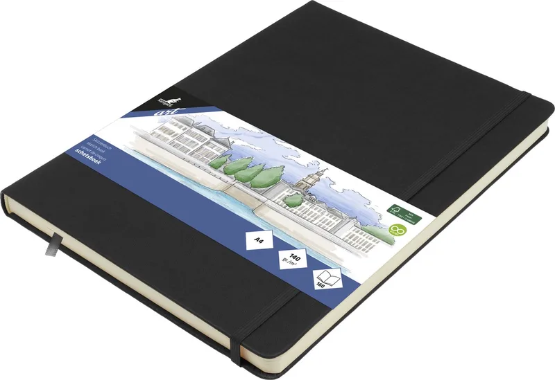schetsboek A4 - PU hardcover - met elastiek en lint - schetsblok - schetsboeken van Kangaro in Zwart – productfoto