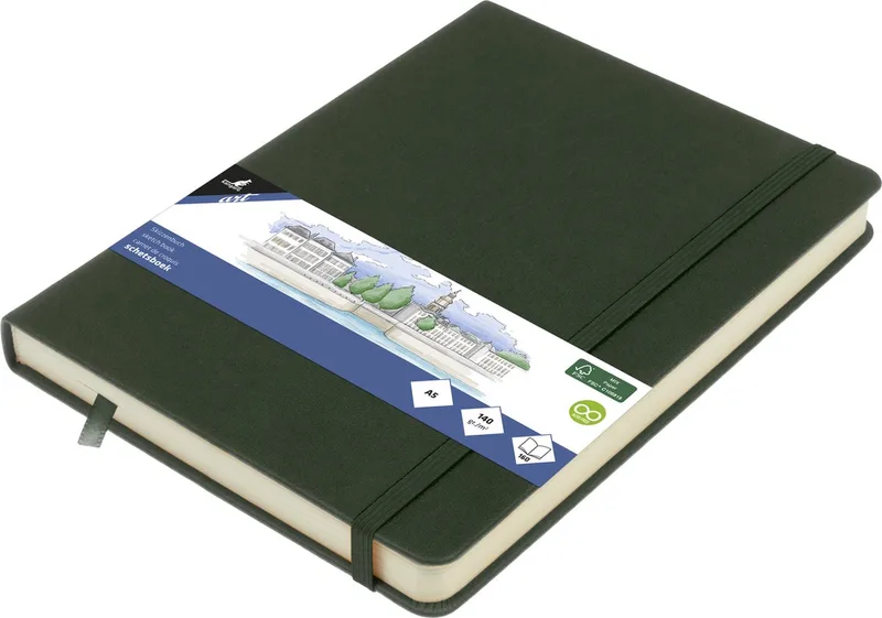 schetsboek - A5 - forest green - PU-hardcover - met elastiek en leeslint från Kangaro i Forest Green A5 – produktbild