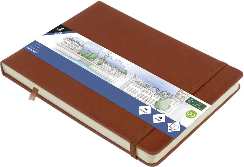schetsboek A5 landscape - hardcover kaft - met elastiek en lint von Kangaro in Cognac – Produktfoto