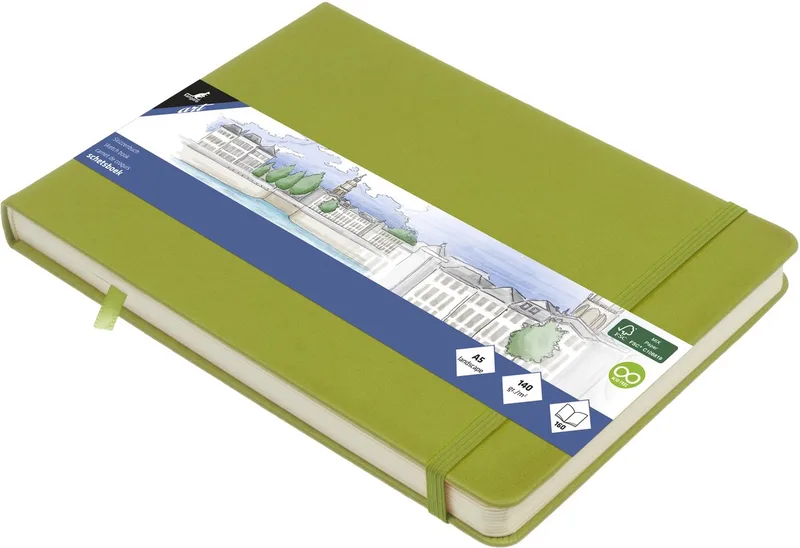 schetsboek A5 landscape - hardcover kaft - met elastiek en lint de Kangaro en Lime green – photo produit