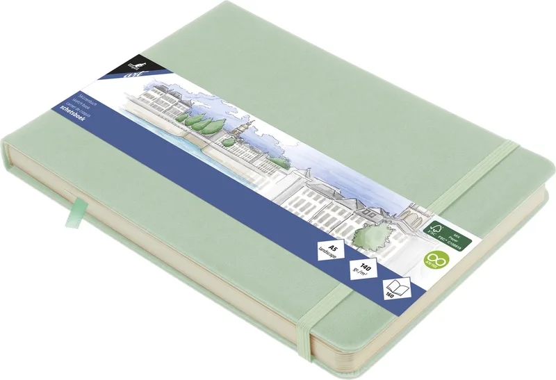 schetsboek - A5 landscape - PU hardcover - met elastiek en lint fra Kangaro i Mint – produktbillede