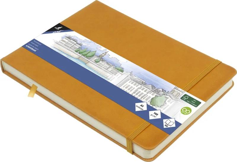 schetsboek - A5 landscape - PU hardcover - met elastiek en lint från Kangaro i Okergeel – produktbild