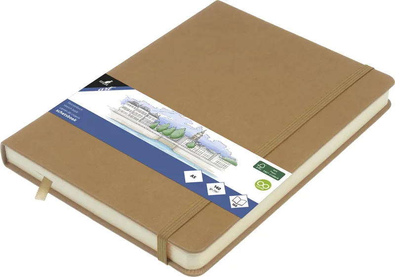 schetsboek - A5 - PU-hardcover - met elastiek en leeslint van Kangaro in Taupe – productfoto
