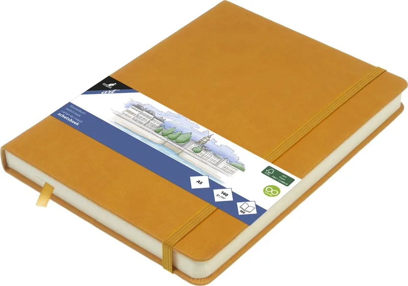 schetsboek - A5 - PU hardcover - met elastiek en lint van Kangaro in Okergeel – productfoto