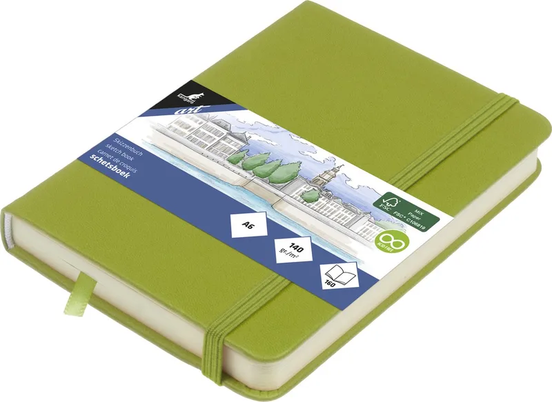 schetsboek - A6 - green - PU-hardcover - met elastiek en leeslint by Kangaro in Lime – product photo