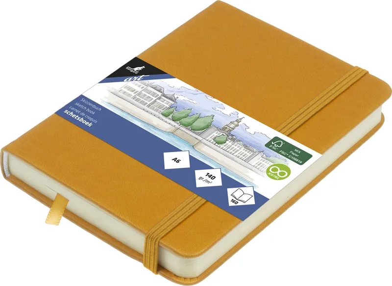 schetsboek - A6 - PU hardcover - met elastiek en lint de Kangaro en Okergeel – photo produit