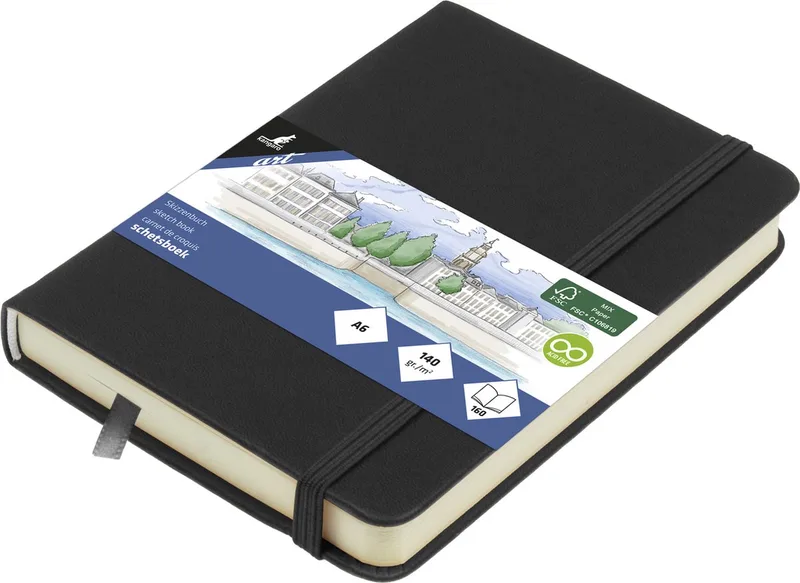 schetsboek - A6 - PU hardcover - met elastiek en lint van Kangaro in Zwart – productfoto