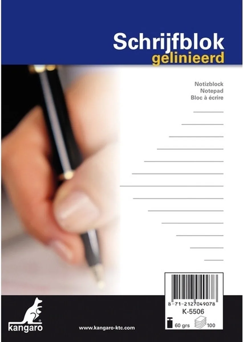 Schrijfblok A6 gelinieerd. Blauwe bedrukking. Kopgeniet. fra Kangaro i Hvid – produktbillede