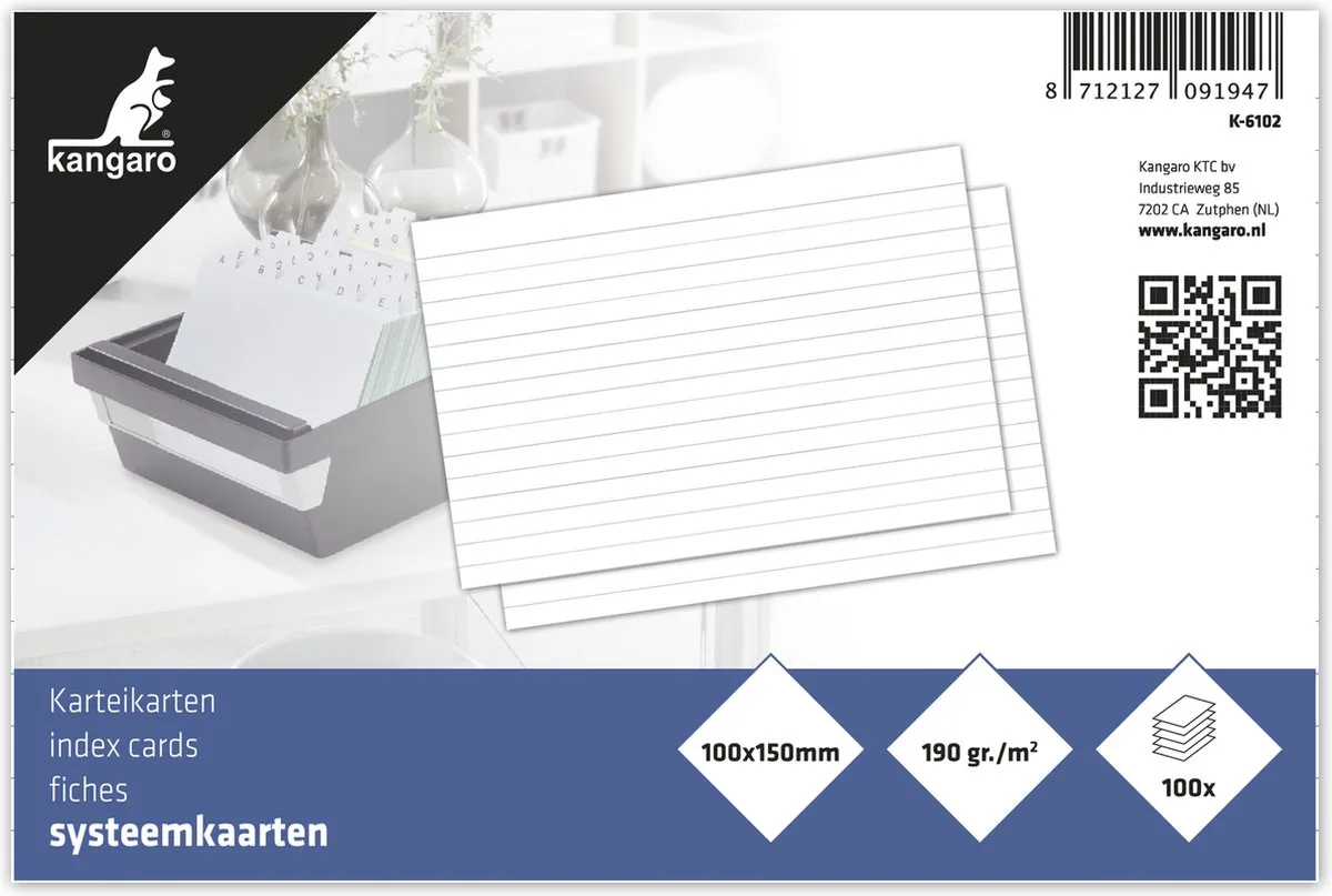 systeemkaart - 100 x 150 mm - lijn - 100 stuks - indexkaart by Kangaro in Wit K-6102 – product photo