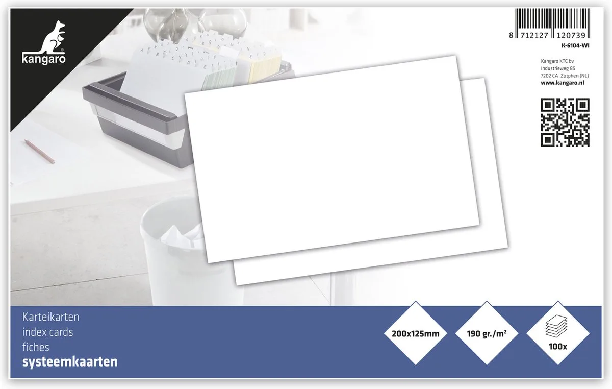 systeemkaart - 125x200mm - blanco - 190 grams - pak a 100 vel van Kangaro in Wit blanco 125x200 mm – productfoto