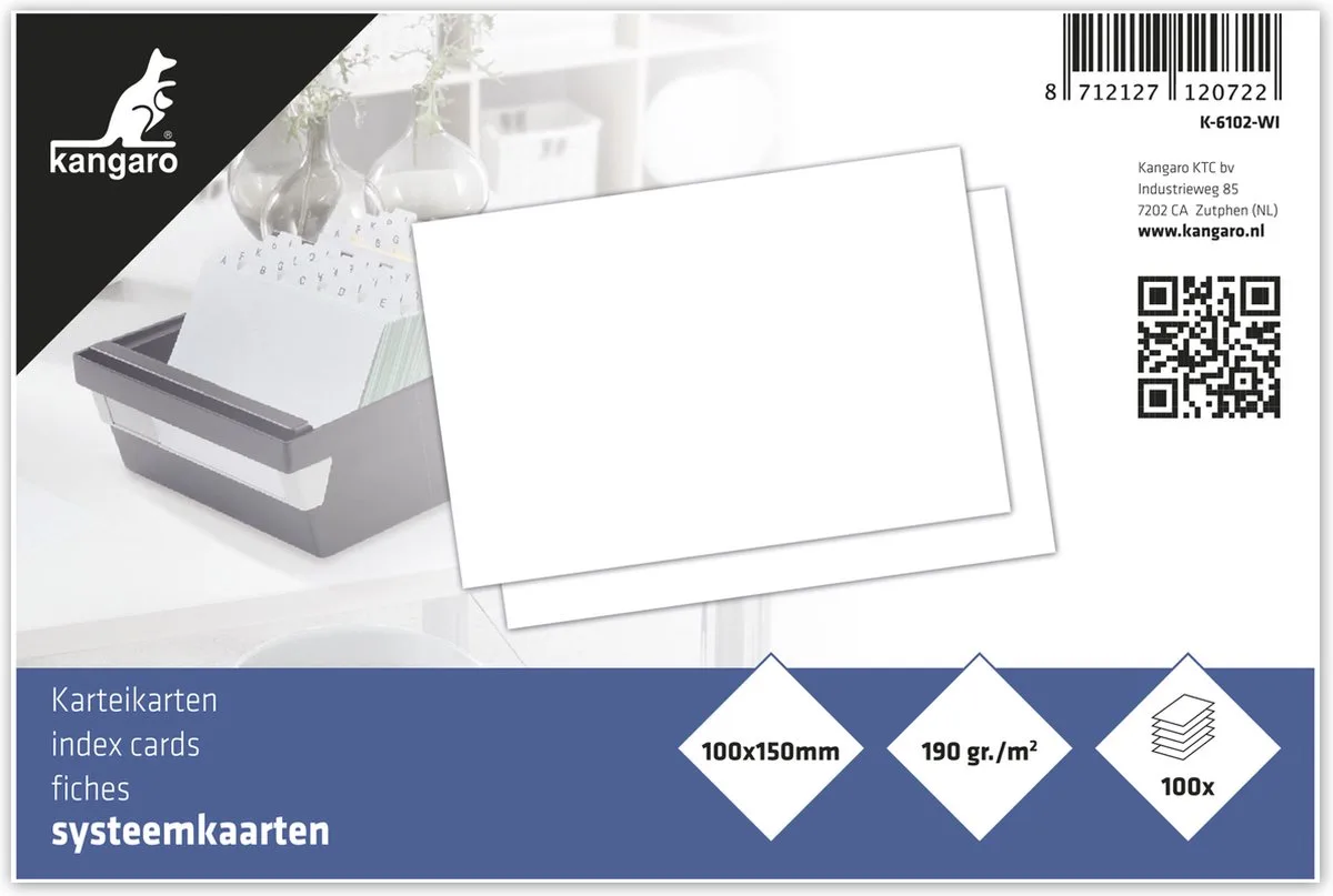 systeemkaarten - 10x15cm - 190 grams blanco papier - 100 stuks - indexkaart von Kangaro in Weiß – Produktfoto
