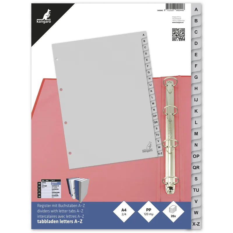 Tabblad kangaro 4r g420az 20dlg alfabet grijs pp | 25 stuks de Kangaro – photo produit