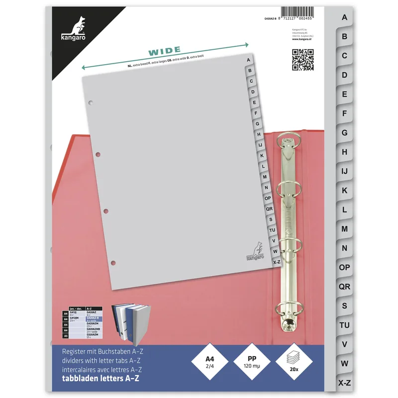 Tabblad kangaro a4 4r 20dlg az breed pp grijs | 10 stuks by Kangaro – product photo