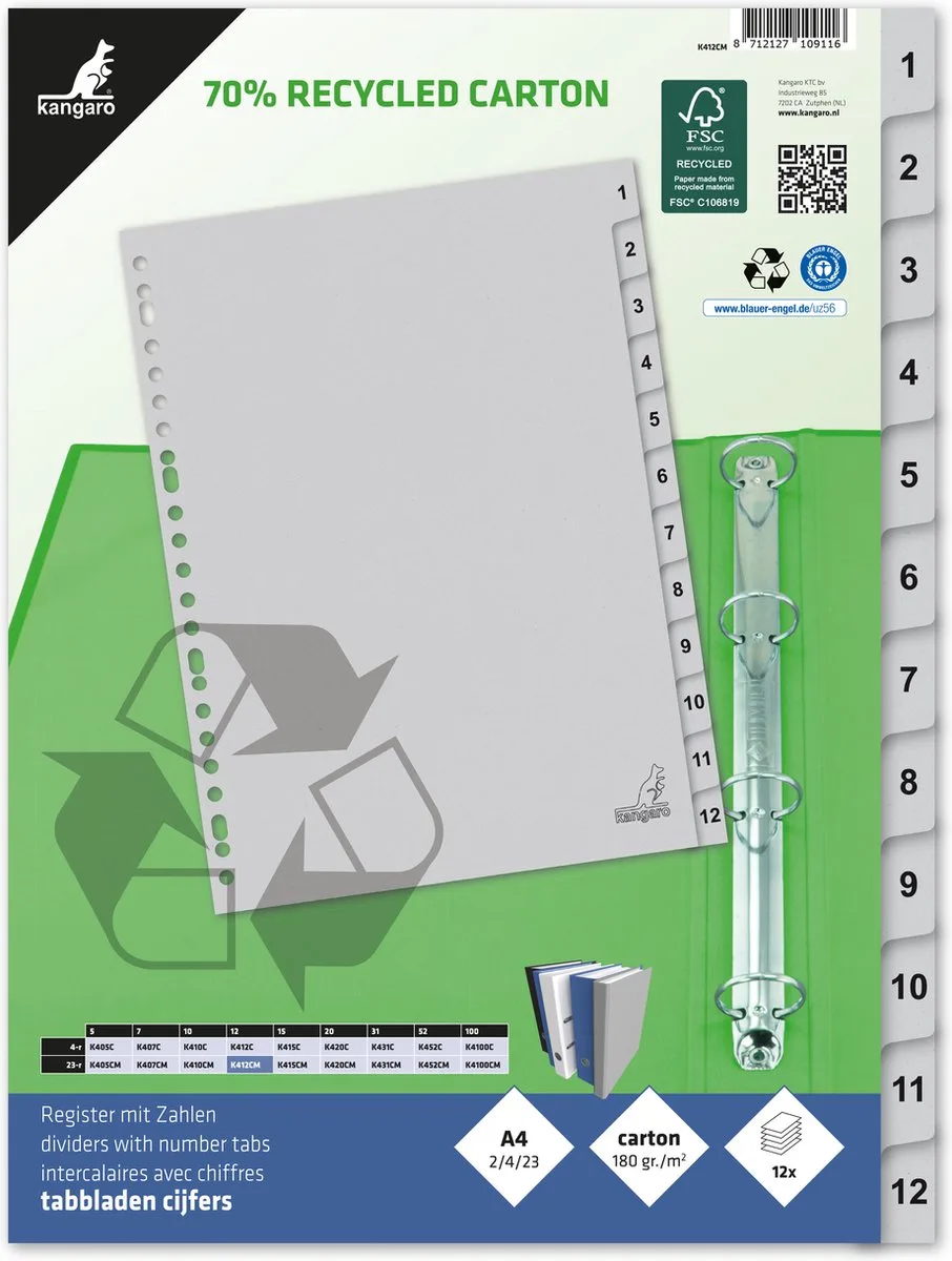 tabbladen - A4 - cijfers 12-delig - ECO karton 180 grams - 23-gaats van Kangaro in Grijs karton cijfers 12-delig 23-gaats – productfoto