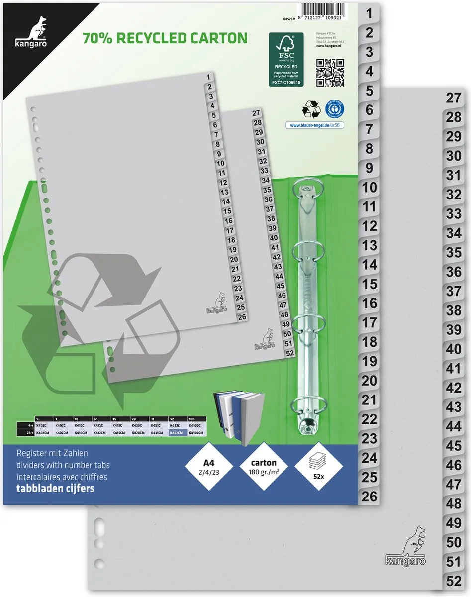 tabbladen - A4 - cijfers 52-delig - ECO karton 180 grams - 23-gaats de Kangaro en Grijs karton cijfers 52-delig 23-gaats – photo produit