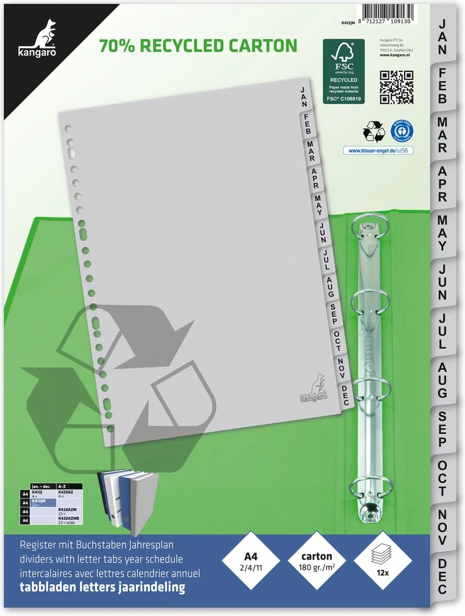 tabbladen - A4 - maanden 12-delig - ECO karton 180 grams - 23-gaats van Kangaro in Grijs karton maanden 12-delig 23-gaats – productfoto