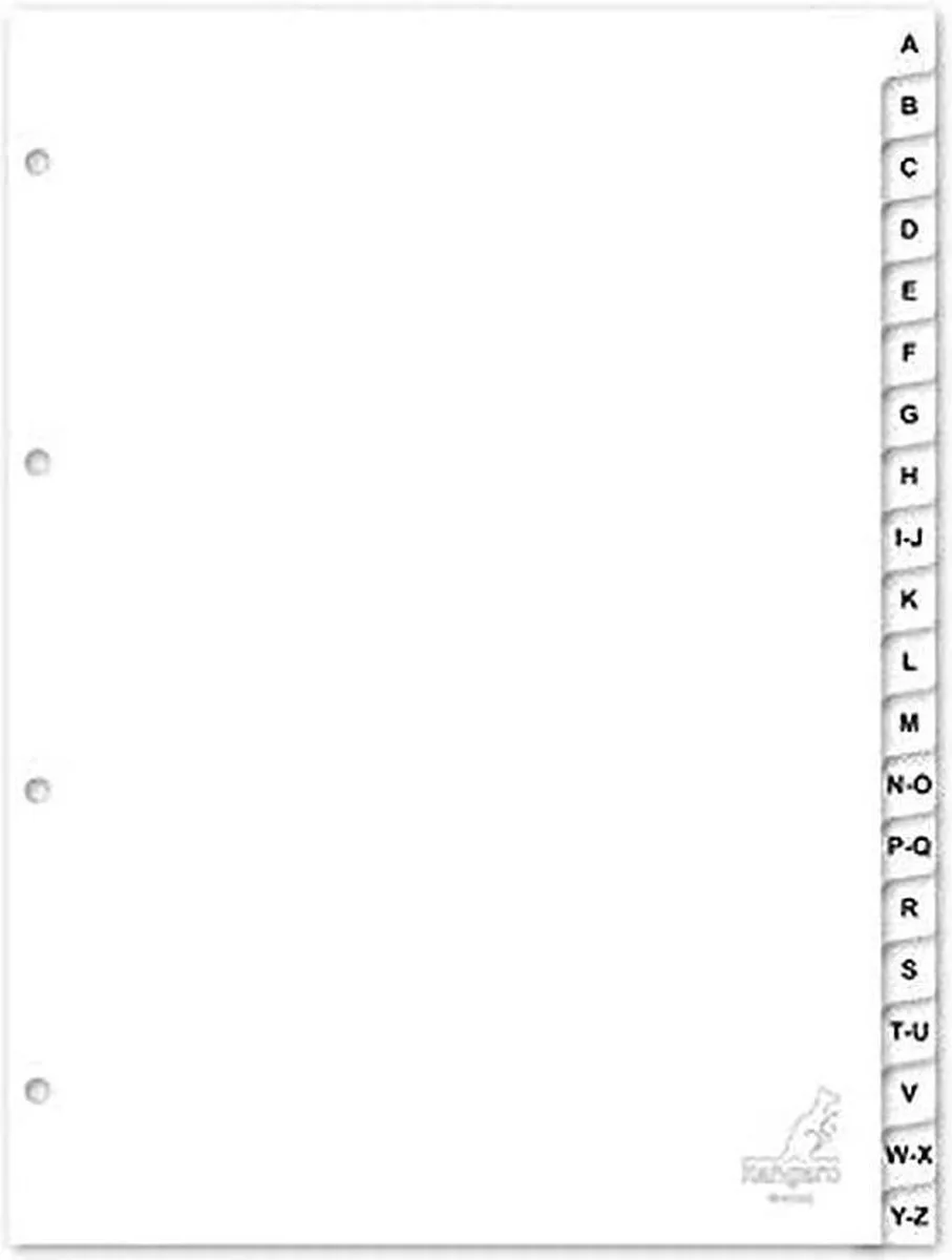 tabbladen - A4 - PP 120 micron - 4-gaats - 20-delig letters A-Z fra Kangaro i Hvid – produktbillede