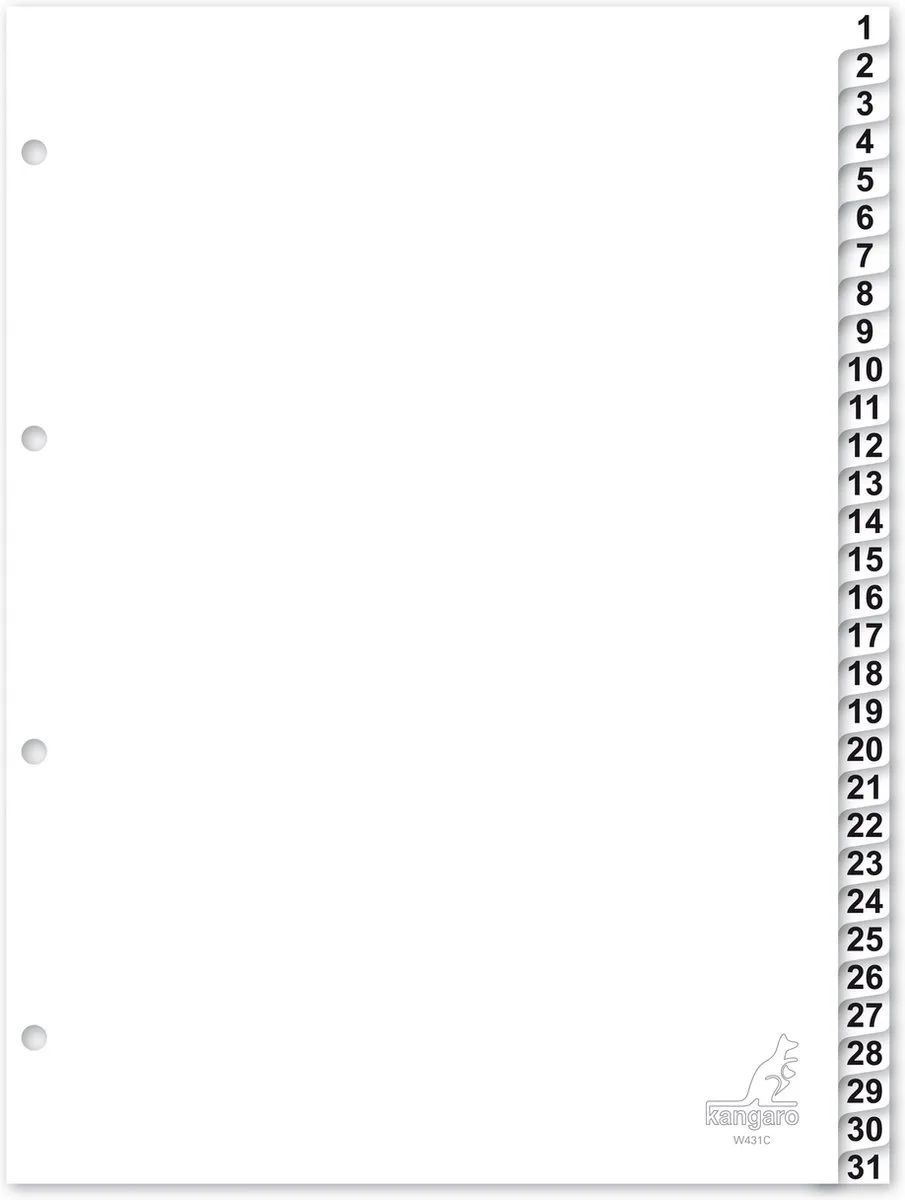 tabbladen - A4 - PP 120 micron - 4-gaats - 31-delig cijfers - W431C fra Kangaro i Hvid – produktbillede