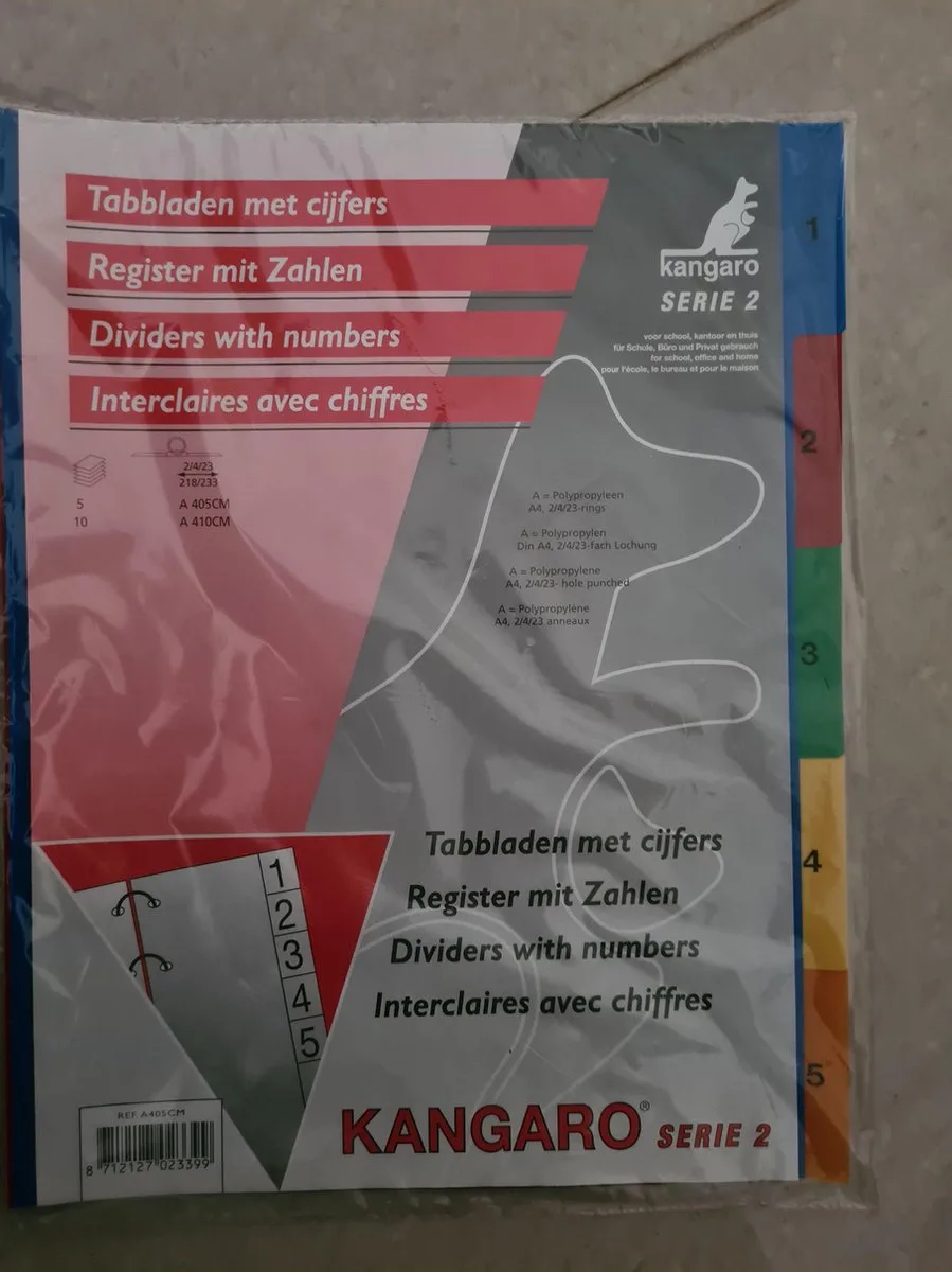 tabbladen met cijfers 1 t/m 5 A4 de Kangaro en Gekleurd – photo produit