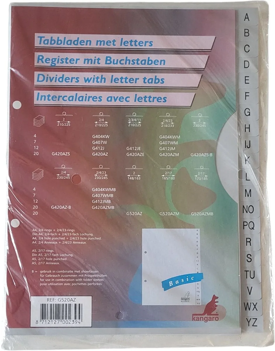 Tabbladen met Letters - Alfabetisch - 20 Tabbladen - A5 Staand van Kangaro in Grijs – productfoto