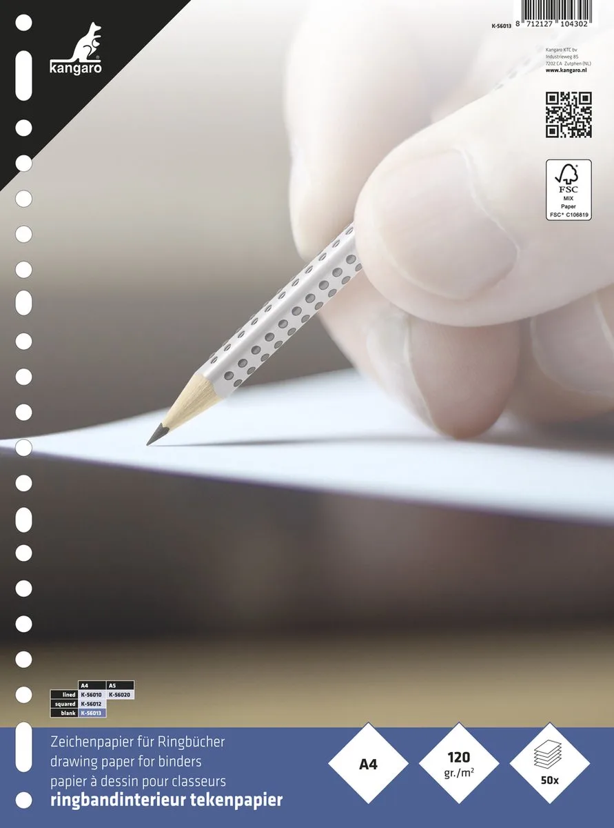tekenpapier A4 - 120 grams - 23-gaats - ringbandpapier by Kangaro in White – product photo