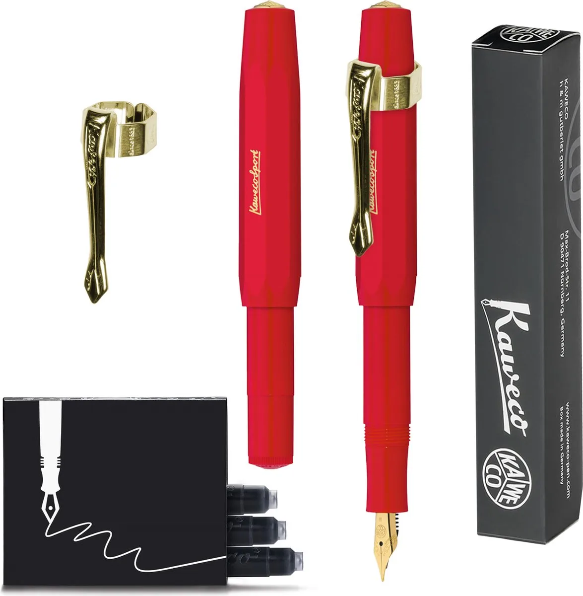 (3delig) - Vulpen CLASSIC SPORT Fountain Pen - Extra Fine - Nostalgie Oktogonal Clip Vergoldet - Doosje Vullingen fra Kaweco i Rød – produktbillede