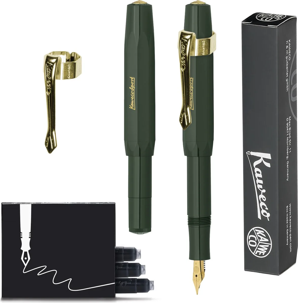(3delig) - Vulpen CLASSIC SPORT Fountain Pen - Extra Fine - Nostalgie Oktogonal Clip Vergoldet - Doosje Vullingen fra Kaweco i Grøn – produktbillede