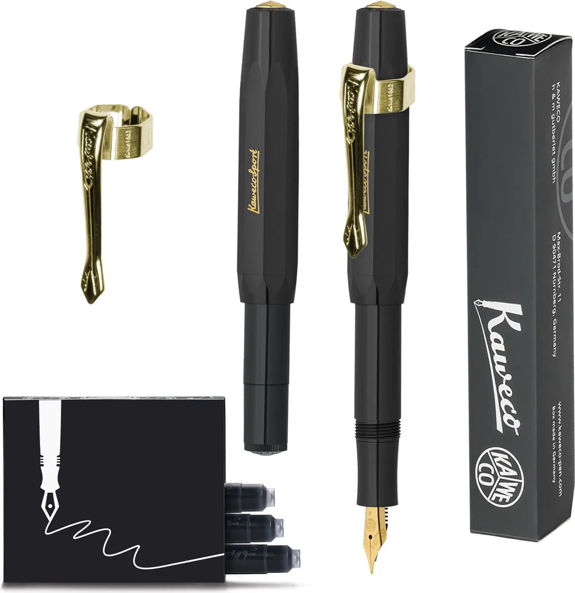 (3delig) - Vulpen CLASSIC SPORT Fountain Pen - Fine - Nostalgie Oktogonal Clip Vergoldet - Doosje Vullingen fra Kaweco i Sort – produktbillede