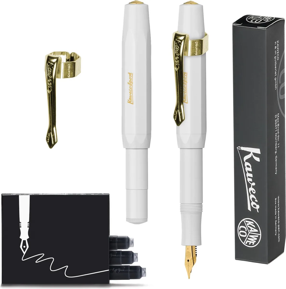 (3delig) - Vulpen CLASSIC SPORT Fountain Pen - Fine - Nostalgie Oktogonal Clip Vergoldet - Doosje Vullingen fra Kaweco i Hvid – produktbillede