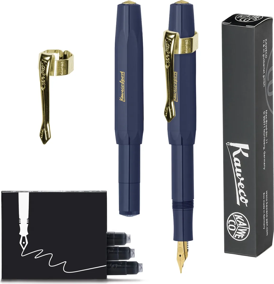 (3delig) - Vulpen CLASSIC SPORT NAVY Fountain Pen - Breed - Nostalgie Oktogonal Clip Vergoldet - Doosje Vullingen fra Kaweco i Blå – produktbillede