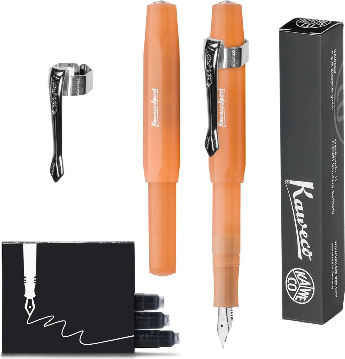 (3delig) - Vulpen FROSTED SPORT MANDARIN Fountain Pen - Medium - Nostalgic Octagonal Clip Chrome - Doosje Vullingen de Kaweco en Orange – photo produit